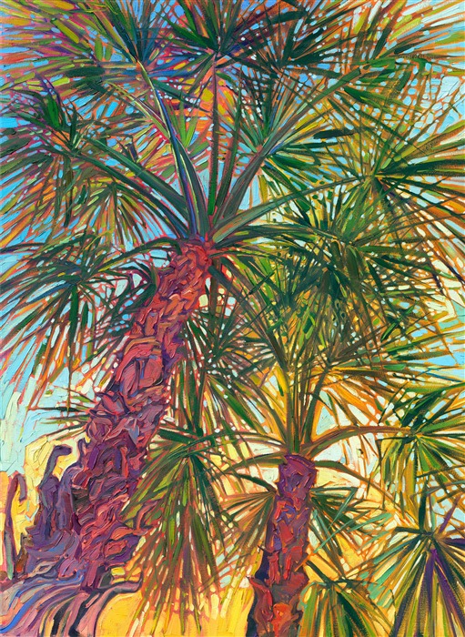 Looking up into a grove of palm trees captures the feeling of being out in Palm Springs, surrounded by the warm California desert. This painting is alive with impasto texture, and the brush strokes come together to form a mosaic of light and color, like stained glass.</p><p>"Palm Fronds" is an original oil painting diptych, created on two canvases that are 1-1/2" deep. The painting is continued around the edges of the canvas for a wrap-around look. The painting is designed to hang unframed, with 2" of space between the canvases. (So the total length when hung would be 58".)