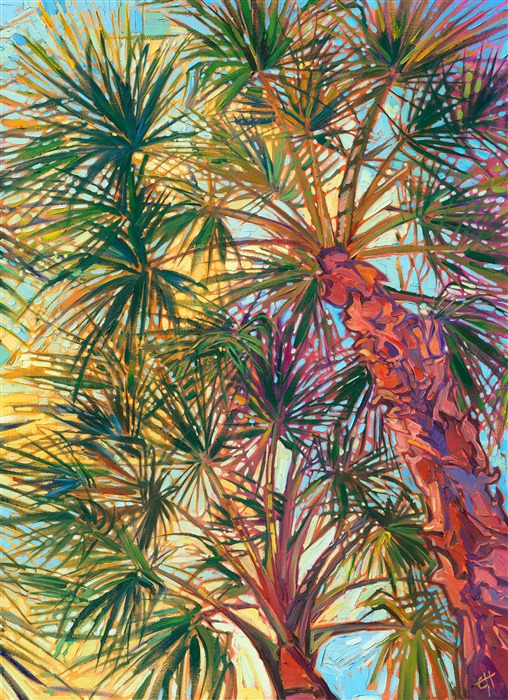 This painting of looking up into a grove of palm trees captures the feeling of being in Palm Springs, surrounded by the warm California desert. This painting is alive with impasto texture, and the brush strokes come together to form a mosaic of light and color, like stained glass.</p><p>"Palm Fronds" is an original oil painting diptych, created on two canvases that are 1-1/2" deep. The painting is continued around the edges of the canvas for a wrap-around look. The painting is designed to hang unframed, with 2" of space between the canvases. (So the total length when hung would be 58".)