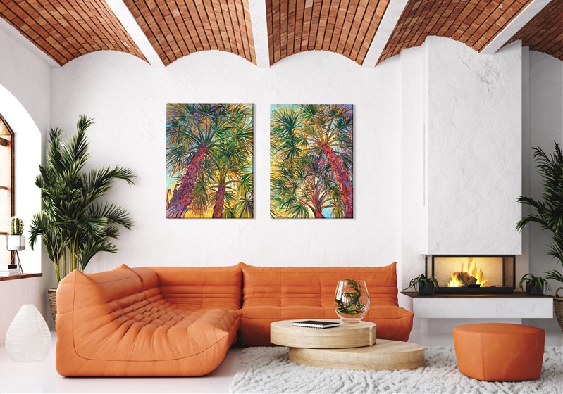 Looking up into a grove of palm trees captures the feeling of being out in Palm Springs, surrounded by the warm California desert. This painting is alive with impasto texture, and the brush strokes come together to form a mosaic of light and color, like stained glass.</p><p>"Palm Fronds" is an original oil painting diptych, created on two canvases that are 1-1/2" deep. The painting is continued around the edges of the canvas for a wrap-around look. The painting is designed to hang unframed, with 2" of space between the canvases. (So the total length when hung would be 58".)