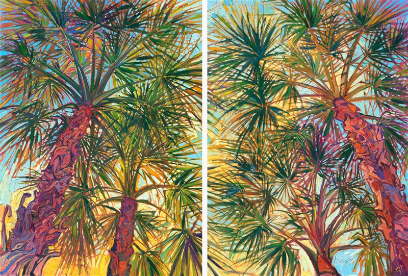 Looking up into a grove of palm trees captures the feeling of being out in Palm Springs, surrounded by the warm California desert. This painting is alive with impasto texture, and the brush strokes come together to form a mosaic of light and color, like stained glass.</p><p>"Palm Fronds" is an original oil painting diptych, created on two canvases that are 1-1/2" deep. The painting is continued around the edges of the canvas for a wrap-around look. The painting is designed to hang unframed, with 2" of space between the canvases. (So the total length when hung would be 58".)