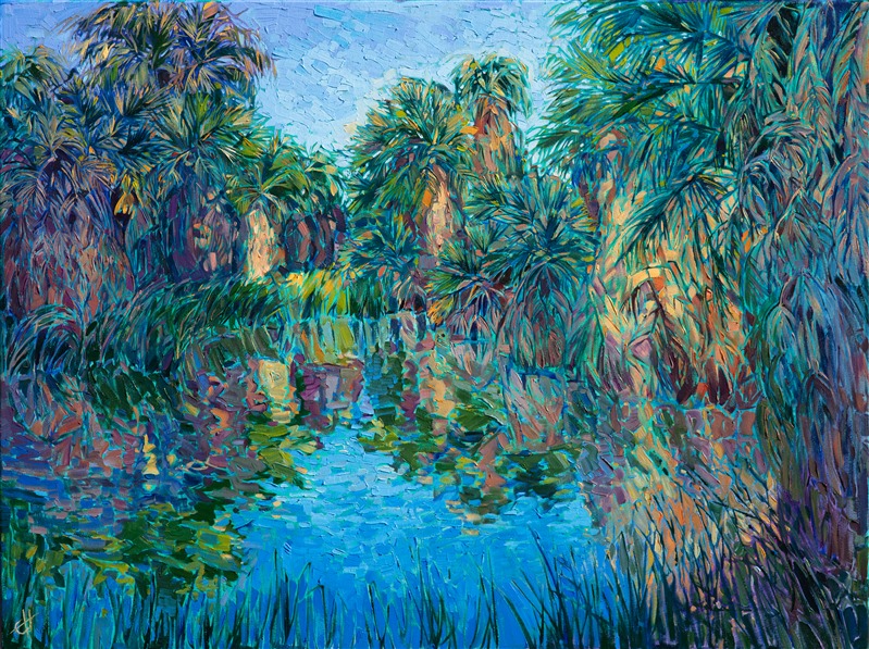 The oasis pond at McCallum Grove, located in the sparse desert north of Palm Springs, wells up from the ground and creates a surprisingly green and lush environment amid the hot and arid desert. The shaggy palm trees grow closely around the waters, their trunks buried in the still pond. This painting captures the palm oasis with lively, impressionistic brush strokes.</p><p>This painting was created on 1-1/2" canvas, with the painting continued around the edges of the canvas. The piece has been framed in a custom-made, gold floater frame.