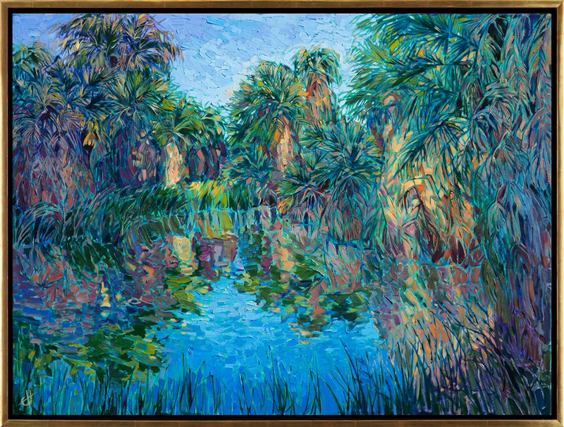 The oasis pond at McCallum Grove, located in the sparse desert north of Palm Springs, wells up from the ground and creates a surprisingly green and lush environment amid the hot and arid desert. The shaggy palm trees grow closely around the waters, their trunks buried in the still pond. This painting captures the palm oasis with lively, impressionistic brush strokes.</p><p>This painting was created on 1-1/2" canvas, with the painting continued around the edges of the canvas. The piece has been framed in a custom-made, gold floater frame.