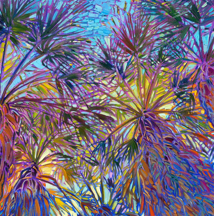 Looking up into the palm tree fronds at Indian Canyon Palm Oasis is the quintessential experience of Palm Springs. This painting captures the beauty and color of the desert with wide, expressive brush strokes and subtle color variations.</p><p>This painting was exhibited at <i>Erin Hanson: Landscapes of the West </i> solo museum exhibition at the Sears Art Museum in St. George, Utah.