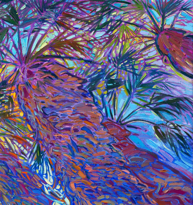 Looking up into the palm tree fronds at Indian Canyon Palm Oasis is the quintessential experience of Palm Springs. This painting captures the beauty and color of the desert with wide, expressive brush strokes and subtle color variations.</p><p>This painting was exhibited at <i>Erin Hanson: Landscapes of the West </i> solo museum exhibition at the Sears Art Museum in St. George, Utah.