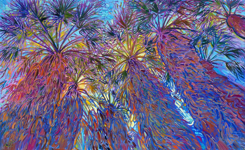 Looking up into the palm tree fronds at Indian Canyon Palm Oasis is the quintessential experience of Palm Springs. This painting captures the beauty and color of the desert with wide, expressive brush strokes and subtle color variations.</p><p>"Palm Impressions" is an original oil painting of Palm Springs, California. The piece has been framed in a modern gold leaf floater frame, ready to hang.