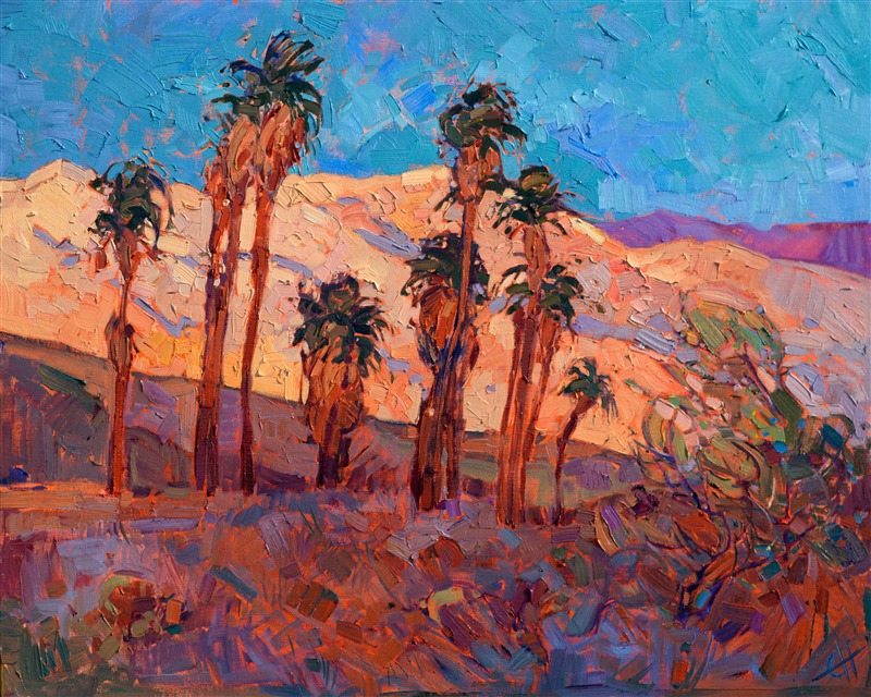 The desert mountains surrounding Palm Springs turn saturated, vivid colors at sunset, the darkening sky a bold contrast against the sun-lit range.  The loose, impressionistic brush strokes capture the spontaneous life and movement of a fleeting moment in time.

This painting was created on museum-depth canvas, with the painting continued around the edges of the stretched canvas. This painting looks beautiful hanging without a frame, or you may contact the artist for framing options.