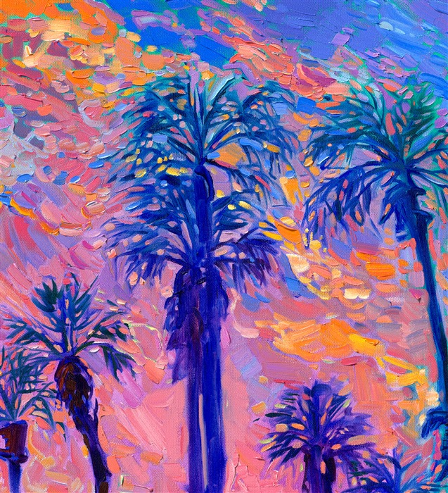 Palm Springs has some of the most beautiful sunsets I've ever seen. This painting captures the magical light when the whole world becomes saturated in hues of pink and orange. My impasto style of painting has a painterly, impressionistic look, as I lay my brush strokes side by side without layering or blending on the canvas. 