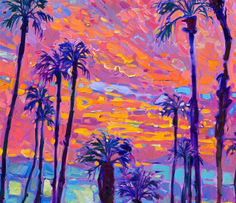 Palm Springs has some of the most beautiful sunsets I've ever seen. This painting captures the magical light when the whole world becomes saturated in hues of pink and orange. My impasto style of painting has a painterly, impressionistic look, as I lay my brush strokes side by side without layering or blending on the canvas. 