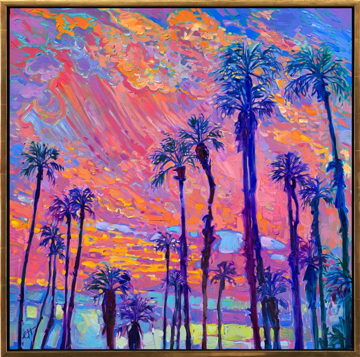 Palm Springs has some of the most beautiful sunsets I've ever seen. This painting captures the magical light when the whole world becomes saturated in hues of pink and orange. My impasto style of painting has a painterly, impressionistic look, as I lay my brush strokes side by side without layering or blending on the canvas. 