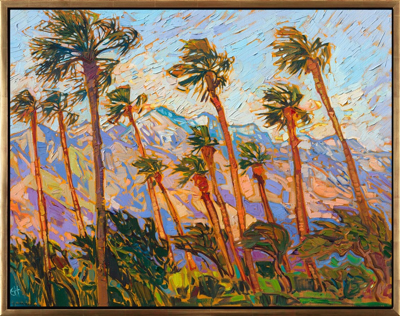 Palm Springs is famous for its rugged, tall mountainscape and everpresent palm trees. This painting captures the beauty of the California desert with thick, expressive brush strokes and vibrant hues of gold, purple, and blue.</p><p>"Palm Mountains" is an original oil painting done on stretched canvas. The piece arrives framed in a gold "EH" frame, ready to hang.