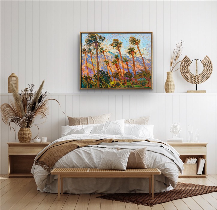 Palm Springs is famous for its rugged, tall mountainscape and everpresent palm trees. This painting captures the beauty of the California desert with thick, expressive brush strokes and vibrant hues of gold, purple, and blue.</p><p>"Palm Mountains" is an original oil painting done on stretched canvas. The piece arrives framed in a gold "EH" frame, ready to hang.