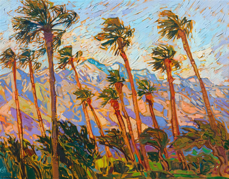 Palm Springs is famous for its rugged, tall mountainscape and everpresent palm trees. This painting captures the beauty of the California desert with thick, expressive brush strokes and vibrant hues of gold, purple, and blue.</p><p>"Palm Mountains" is an original oil painting done on stretched canvas. The piece arrives framed in a gold "EH" frame, ready to hang.