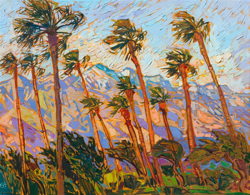 Palm Springs is famous for its rugged, tall mountainscape and everpresent palm trees. This painting captures the beauty of the California desert with thick, expressive brush strokes and vibrant hues of gold, purple, and blue.

"Palm Mountains" is an original oil painting done on stretched canvas. The piece arrives framed in a gold "EH" frame, ready to hang.
