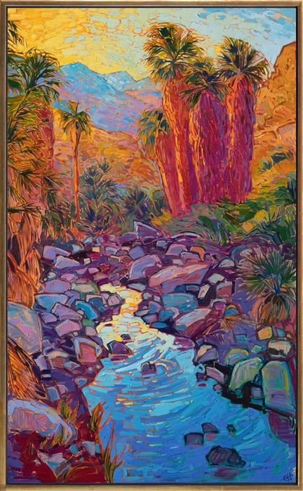 This painting captures the vivid colors of the California desert. The piece was inspired by hiking in Indian Canyons, near Palm Springs. The cool waters of the oasis contrast with the warm colors of sunset sparkling on the desert mountains beyond.</p><p>"Palm Reflections" was created on 1-1/2" stretched canvas, with the painting continued around the edges. The painting has been framed in a 23kt gold floating frame. 