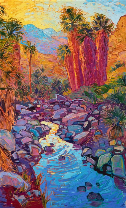 This painting captures the vivid colors of the California desert. The piece was inspired by hiking in Indian Canyons, near Palm Springs. The cool waters of the oasis contrast with the warm colors of sunset sparkling on the desert mountains beyond.</p><p>"Palm Reflections" was created on 1-1/2" stretched canvas, with the painting continued around the edges. The painting has been framed in a 23kt gold floating frame. 