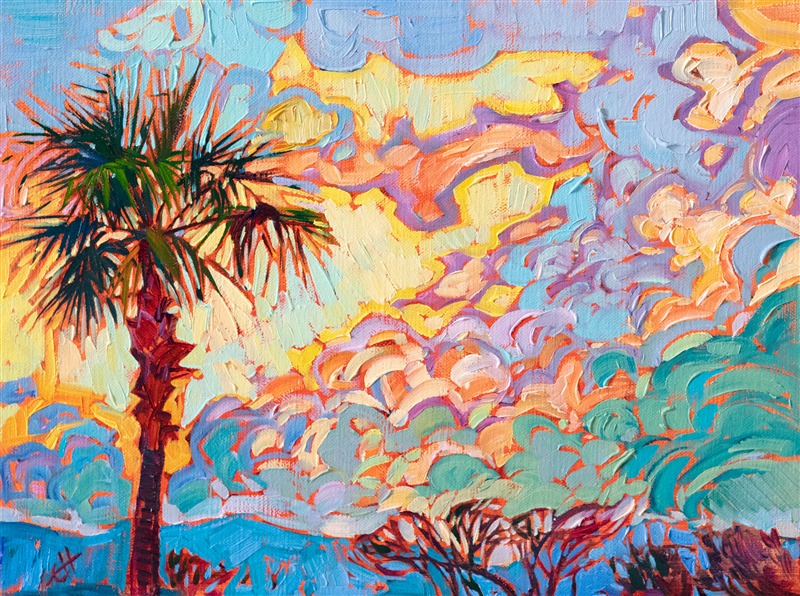 A single California palm tree stands against a brilliantly colored sunset sky. The impressionistic brush strokes capture the wide expanse of sky on a petite canvas.</p><p>"Palm Skies" was created on fine linen board. The painting arrives framed in a hand-carved and gilded plein air frame.