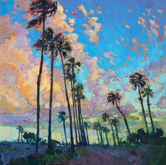 Colorful, early morning clouds pop behind the rows of palm trees lining the San Diego harbor.  The brush strokes are lively and impressionistic, capturing the movement and freedom of the outdoors.</p><p>This painting was done on 1-1/2" canvas, with the sides of the canvas painted. The work has been framed in a carved gold floater frame.
