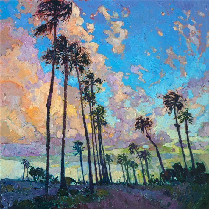 Colorful, early morning clouds pop behind the rows of palm trees lining the San Diego harbor.  The brush strokes are lively and impressionistic, capturing the movement and freedom of the outdoors.

This painting was done on 1-1/2" canvas, with the sides of the canvas painted. The work has been framed in a carved gold floater frame.