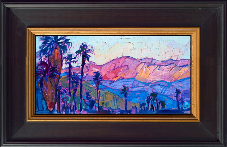 This petite painting captures the wide expanse of the California desert with painterly, expressive brushwork that draws you in and makes you part of the scene. The palm trees evoke the very essence of Palm Springs and the Coachella Valley.