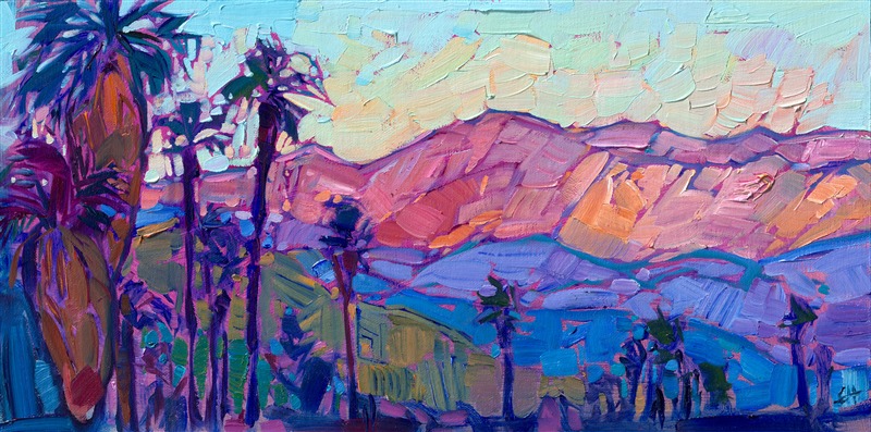 This petite painting captures the wide expanse of the California desert with painterly, expressive brushwork that draws you in and makes you part of the scene. The palm trees evoke the very essence of Palm Springs and the Coachella Valley.