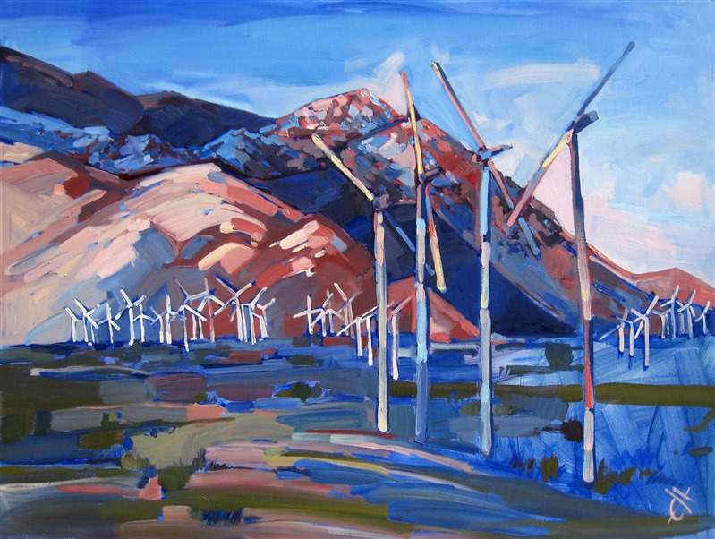 The soft colors of dawn highlight these iconic Palm Springs windmills. The brush strokes in this painting are loose and impressionistic.
