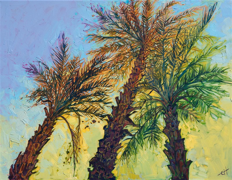 This painting was inspired by a grove of date palms in La Quinta, California.  The palm fronds were catching the early morning light and glimmering with color and motion.  Each individual brush stroke is thickly applied and adds to the overall motion and depth of the painting.</p><p>This painting has been framed in a gold floater frame and arrives ready to hang.  The canvas is 1-1/2" deep, with the painting continued around the edges of the canvas.