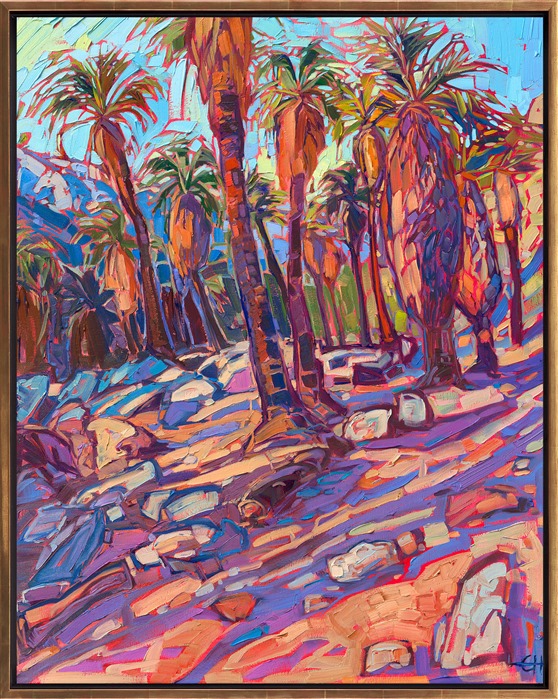 Indian Canyon Palm Oasis is portrayed in classic Open Impressionist style, with thick brush strokes and expressive color. The painting captures the beauty of the oasis desert near Palm Springs, California.</p><p>"Palms Oasis" is an original oil painting created on 1-1/2" deep canvas. The painting arrives framed in a contemporary gold floating frame.