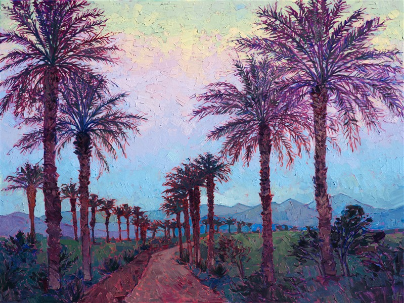 A graduated rainbow of color stands as the backdrop to this painting of La Quinta palms in the Coachella Valley.  The frothy purple fronds are darkened with dusky purple shadows, and the surrounding desert landscape changes as twilight approaches.</p><p>The painting was made on 1-1/2" canvas, with the painting continued around the edges.  The piece arrives framed and ready to hang.</p><p>
