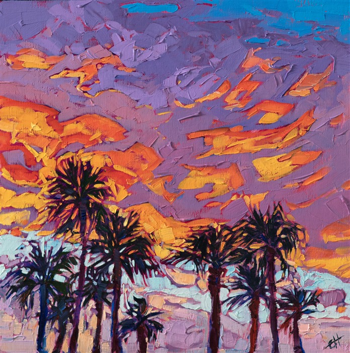 A brilliant sky bursts above the palms in Palm Springs. The brush strokes in this painting are loose and impressionistic, alive with color and motion.</p><p>This painting was created on linen board, and it arrives ready to hang in a custom-made frame.