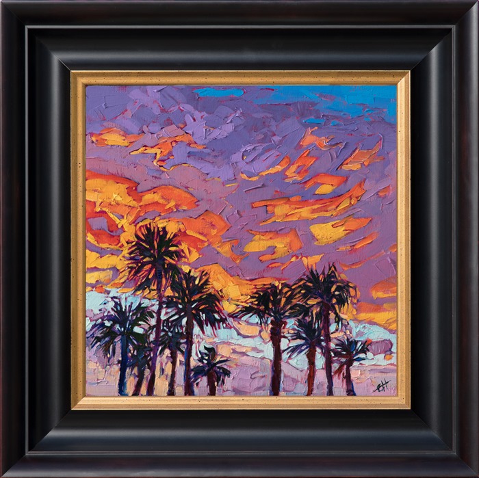 A brilliant sky bursts above the palms in Palm Springs. The brush strokes in this painting are loose and impressionistic, alive with color and motion.</p><p>This painting was created on linen board, and it arrives ready to hang in a custom-made frame.