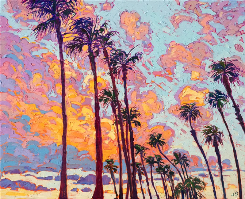 Fluffy coastal clouds glint with hues of apricot and rose. A row of palm trees stands in contrast against the brilliant sunset sky. The brush strokes are thick and impressionistic, alive with color and movement.</p><p>"Palms Sky II" was created on 1-1/2" canvas, and the piece arrives framed in a contemporary gold floater frame.
