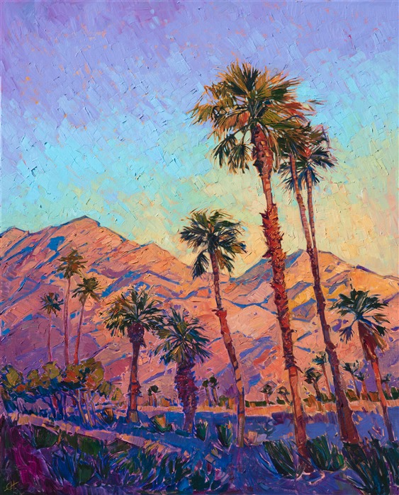 Desert palm trees catch the early morning light, turning warm shades of cadmium and sherbet, while the sky above slowly turns color from purple to blue. Each brush stroke is alive with texture and color, while capturing the serenity and peace of the desert landscape.</p><p>This painting was done on 1-1/2" canvas, with the painting continued around the edges of the canvas.  The piece has been framed in a simple, 23kt gold floating frame.