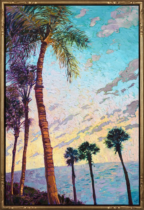 Coastal palms stretch into a tropical sky, against a backdrop of vivid color and thickly applied brush strokes. The painting is alive with movement and light.</p><p>This painting was done on 1-1/2" canvas, with the painting continued around the edges. The painting is framed in a gold leaf floater frame to complement the colors in the piece. It arrives wired and ready to hang.