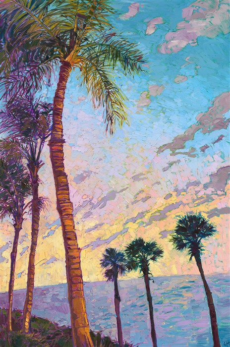 Coastal palms stretch into a tropical sky, against a backdrop of vivid color and thickly applied brush strokes. The painting is alive with movement and light.</p><p>This painting was done on 1-1/2" canvas, with the painting continued around the edges. The painting is framed in a gold leaf floater frame to complement the colors in the piece. It arrives wired and ready to hang.