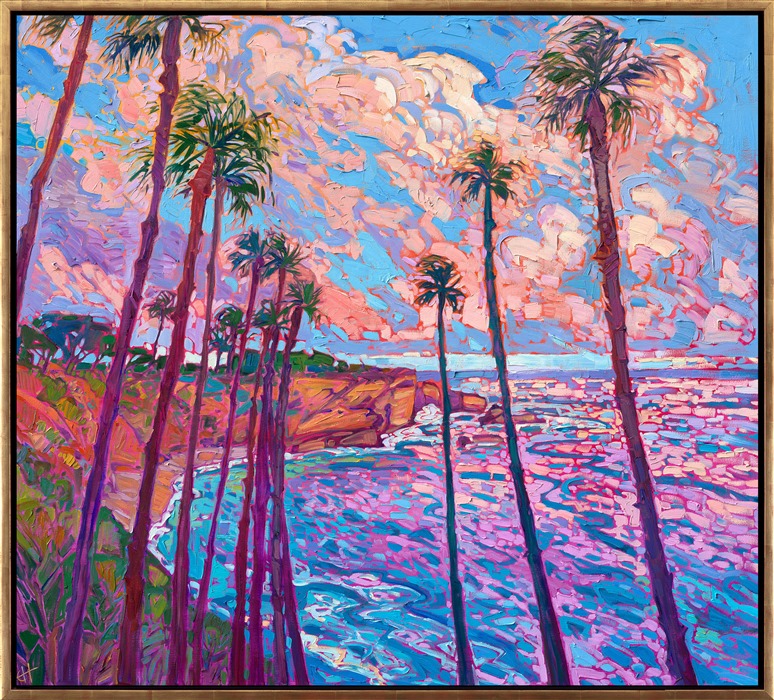 Coastal palm trees frame this vista of the Cove at La Jolla. Brightly colored sunset clouds are reflected in the ocean waters below. Thick, impasto brush strokes capture the scene with the vivid colors of the impressionists.</p><p>"Palms at La Jolla" was created on 1-1/2" canvas, and the piece arrives ready to hang in a contemporary gold floater frame.
