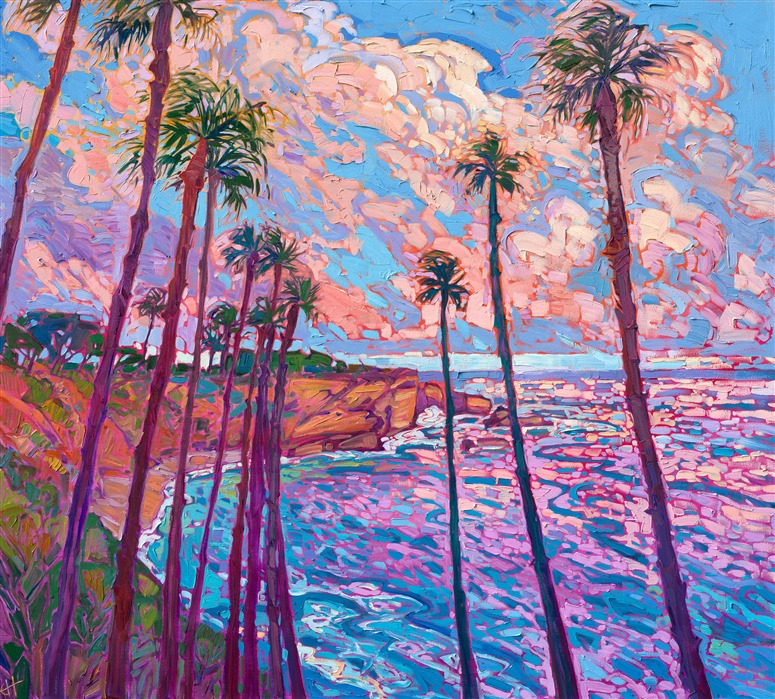 Coastal palm trees frame this vista of the Cove at La Jolla. Brightly colored sunset clouds are reflected in the ocean waters below. Thick, impasto brush strokes capture the scene with the vivid colors of the impressionists.</p><p>"Palms at La Jolla" was created on 1-1/2" canvas, and the piece arrives ready to hang in a contemporary gold floater frame.