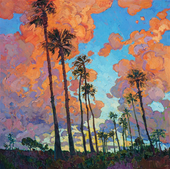 A line of palm trees stand tall against a boldly colored sky.  Rich hues of orange and lavender pop against the pale morning light.  This painting is alive with thickly textured brush strokes.</p><p>The painting was done on 1-1/2" canvas, with the painting continued around the edges.  It has been framed in a hand-carved open impressionist frame.