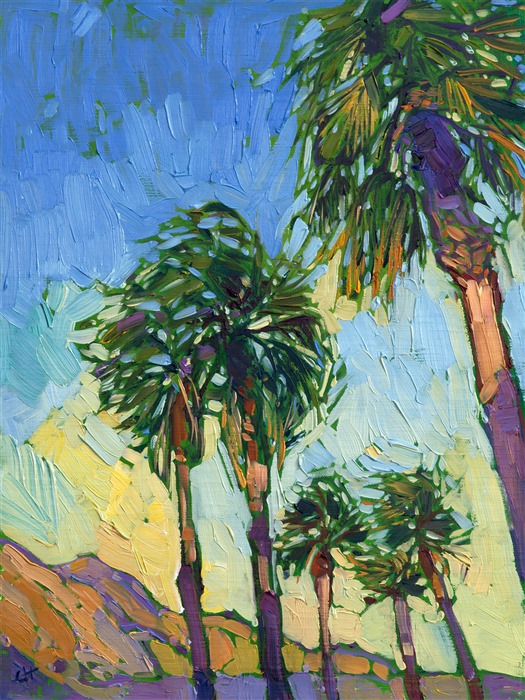 Warm summer palms burst with color in this oil painting of Palm Springs, California.  The impasto brush strokes and loose and impressionistic, full of movement.  This painting captures the feeling you get being in Palm Springs and seeing the sun rise behind the omnipresent palms trees.</p><p>The painting was done on fine canvas board, and it arrives framed and ready to hang.