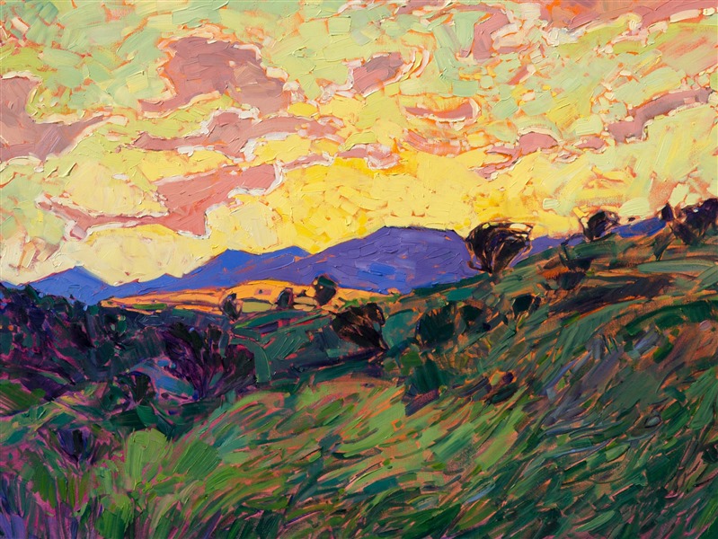 Luscious, buttery color captures the beauty of a transient sunset, in this oil painting of Paso Robles, California. The brush strokes are thick and impressionistic, full of life and movement. The thickly textured paint adds an additional dimension and depth to the painting. </p><p>This large oil painting was created on 2"-deep stretched canvas, with the painting continued around the edges.  It can be hang on the wall unframed for a contemporary look. Read more about the <a href="https://www.erinhanson.com/Blog?p=AboutErinHanson" target="_blank">painting's details here.</a>