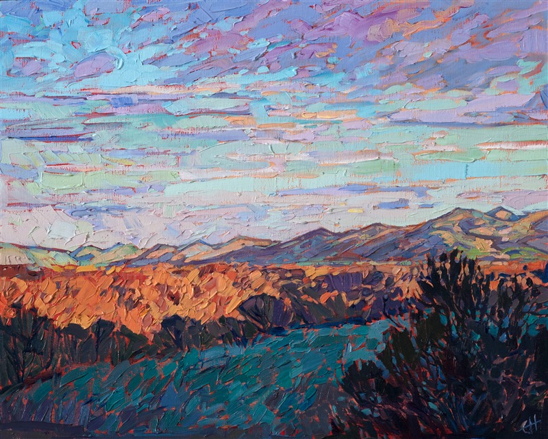 The landscape east of Paso Robles is full of grass-covered hills and wide plains of golden-red grasses. This petite painting captures the beautiful color seen at dawn with loose, expressive brush strokes.</p><p>This painting was done on 1/8" canvas board and arrives framed and ready to hang.