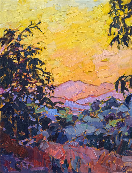 A wash of warm color saturates the landscape in this painting of Paso Robles, California.  This is the sunset view from Adelaida Winery, looking back towards the coastal mountain range.  The colors are vibrant and enticing, drawing you into the landscape.

This piece was done on 1/8" canvas board, and it arrives framed and ready to hang.