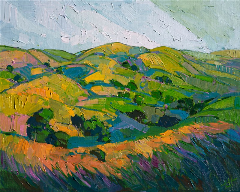 Dramatic color brings to life these hills of Paso Robles, encouraging the viewer to see a new perspective on the landscapes around him. The brush strokes are loose and expressive, a modern impression in oil.</p><p>Collection of <a href="http://www.ayreshotels.com/allegretto-resort-and-vineyard-paso-robles">The Allegretto Vineyard Resort</a>, Paso Robles, CA. 2015.