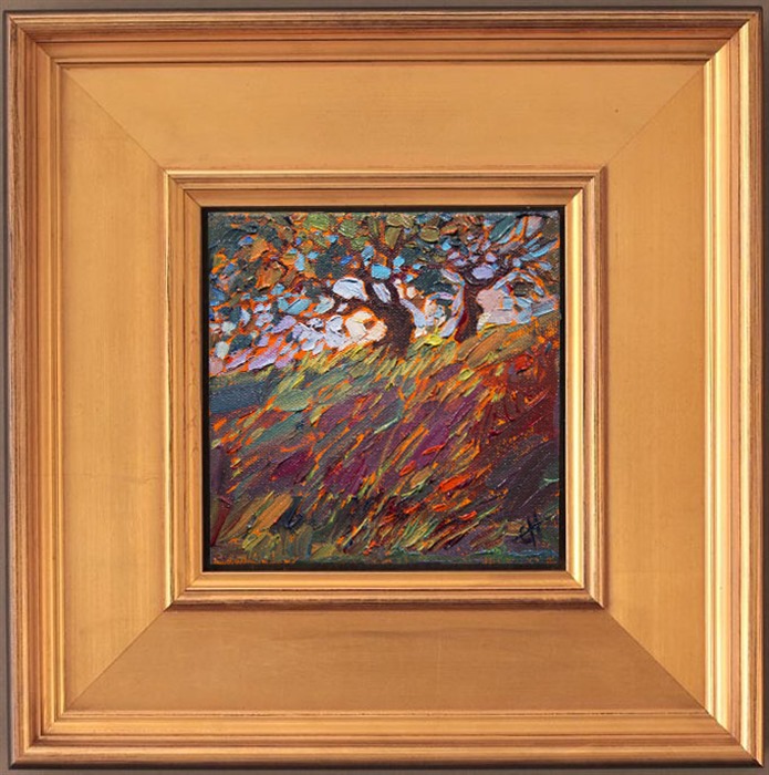 A colorful pair of oak trees dance together in the late afternoon light, casting mulit-hued shadows across the grass of Paso Robles, California.</p><p>This small 6x6 oil painting arrives framed in a beautiful frame (as pictured), ready to hang.
