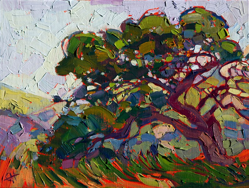 This California oak creates a dramatic abstract shape on the canvas, the distant hills filtered like stained glass through the cutout shapes of the curving branches.</p><p>This small oil painting arrives framed and ready to hang.