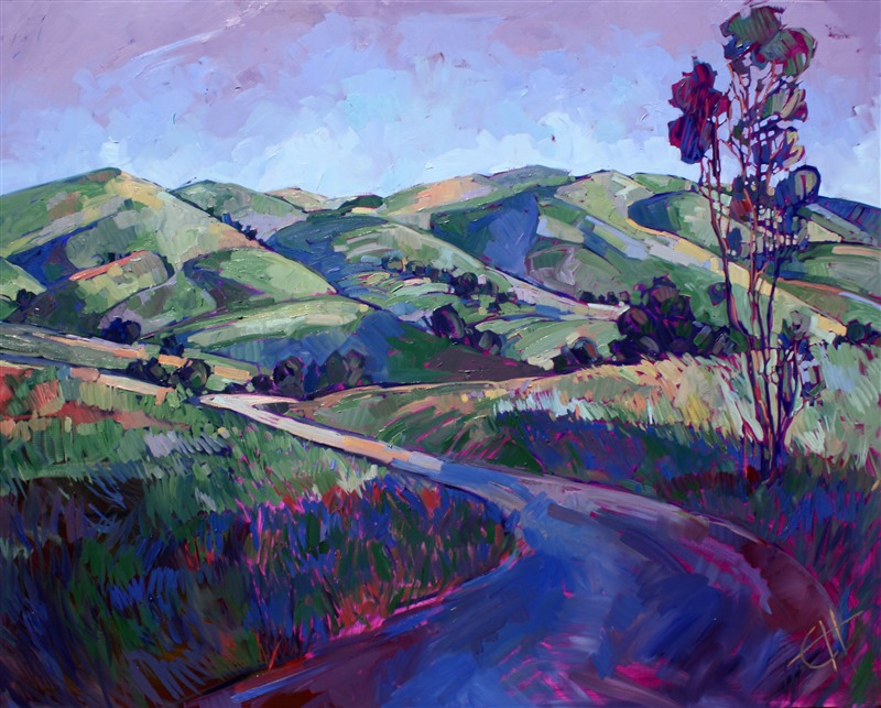 Pastel greens and rounded hills capture the feel of iconic California landscape. The oil paint is applied in thick, loose brush strokes.