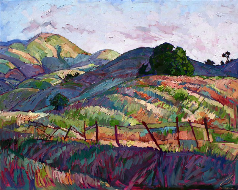 Pastel colors capture the California landscape near Paso Robles. The thick application of oil paint creates a wonderful mosaic of texture.