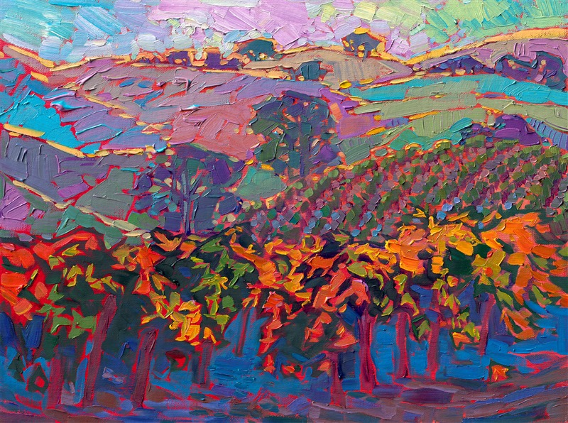 Paso Robles wine country is portrayed here in the colors of autumn. Rich hues of orange and gold brighten the landscape of iconic rolling hills and California oak trees. The brush strokes in this small oil painting are thick and impressionistic, alive with color and motion.</p><p>"Paso Robles Hills" was created on linen board, and the piece arrives framed in a gold plein air frame.