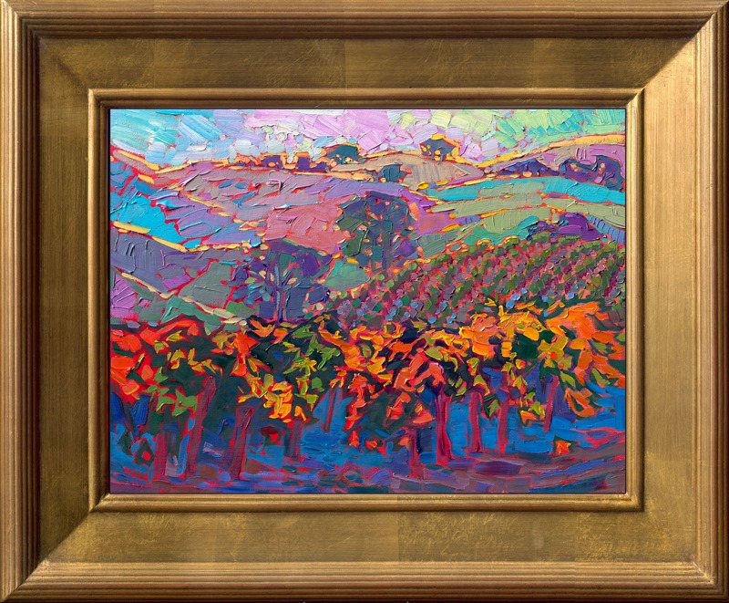 Paso Robles wine country is portrayed here in the colors of autumn. Rich hues of orange and gold brighten the landscape of iconic rolling hills and California oak trees. The brush strokes in this small oil painting are thick and impressionistic, alive with color and motion.</p><p>"Paso Robles Hills" was created on linen board, and the piece arrives framed in a gold plein air frame.