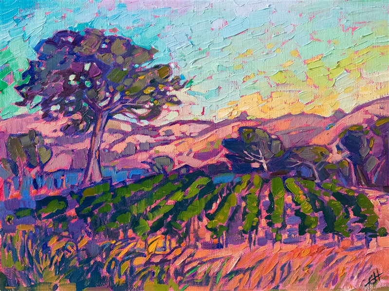 Paso Robles is captured in vivid color and expressive brush strokes. The colors of summer gleam on the canvas, bringing to life California's beloved wine country region.

"Paso Vineyard" was created on fine linen board, and the painting arrives framed in a hand-made and gilded plein air frame.