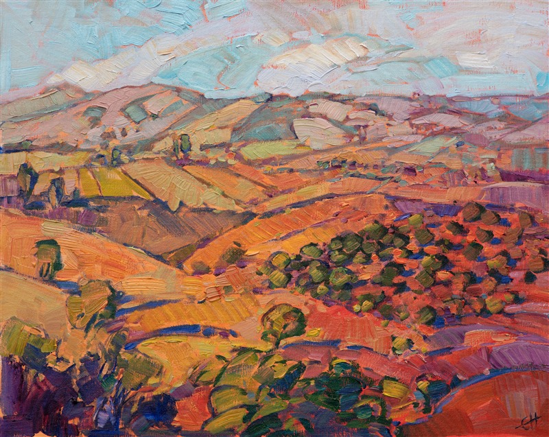 This painting was inspired by the view standing on top of the highest hill in the vicinity around Adelaida Winery.  From this viewpoint you can see all the way to the east side of Paso Robles, and to the west you can see the full range of coastal mountains holding back the chilly ocean air. 

This painting was done on linen board, and it arrives framed and ready to hang.
